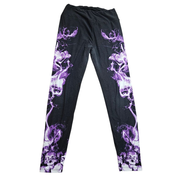 LuLaRoe One Size Black Purple Smoke Skull Leggings - Picture 2 of 8